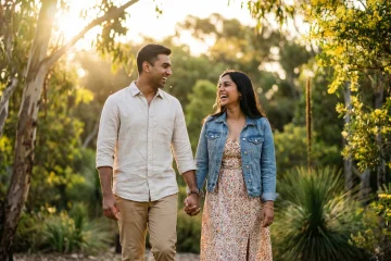 Happy Indian couple holding hands in an Australian park, representing spousal and partner visa services.